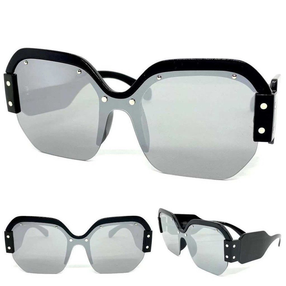 Oversized Sunglasses Women Men Fashion Rimless Shield Silver Lens Studded Lentes